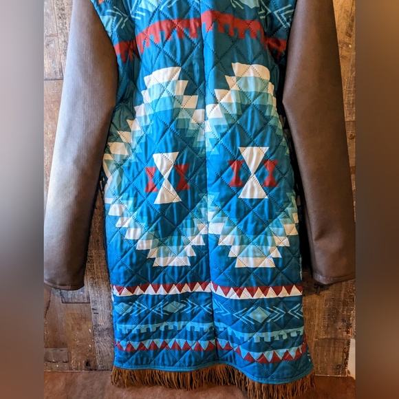 New Handcrafted By Donna Originals Aztec Blue Coat With Faux Suede Sleeves - Picture 10 of 15